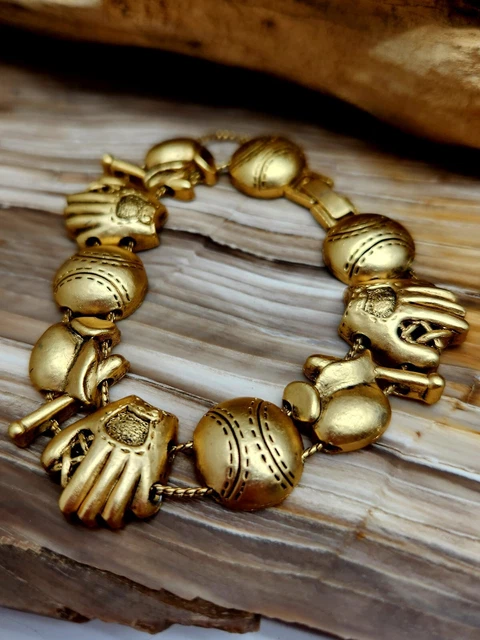 Bracelet Vintage Gold Tone Softball Baseball Theme Slide Charm Bat Glove Ball 7"