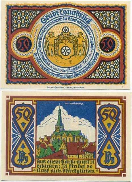 Osnabrück, 1 Schein Notgeld 1921, Wappen, Die Marienkirche, 50 Pfennig,