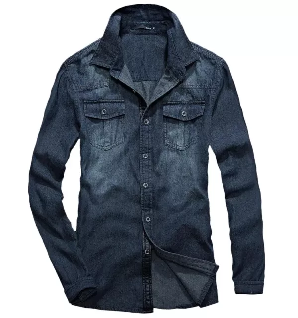 Mens Denim Shirts Long Sleeve Luxury Casual Slim Fit Jeans Washed Camisas