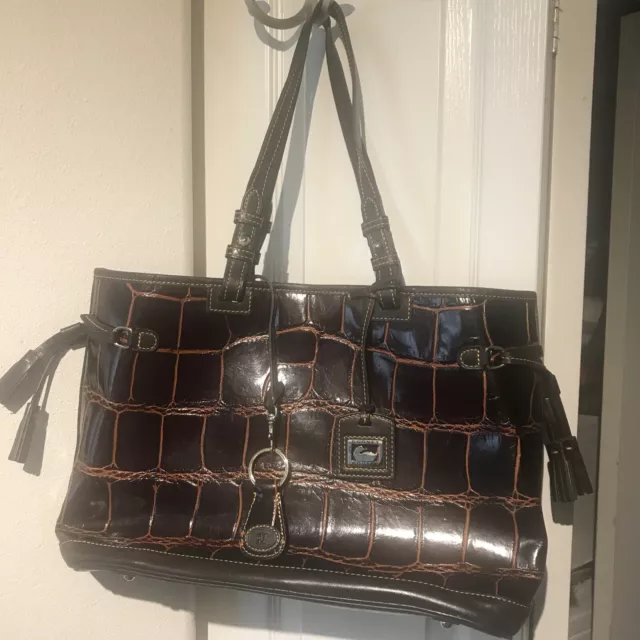 Dooney & Bourke Dark Brown Croc Embossed Leather Tote Shoulder Bag 17x11x5”