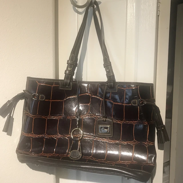 Dooney & Bourke Dark Brown Croc Embossed Leather Tote Shoulder Bag 17x11x5”