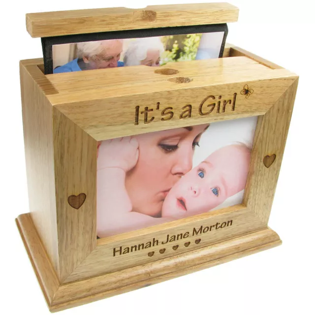 New Baby Girl Gift, Engraved 'It's a Girl' Oak Photo Box Album