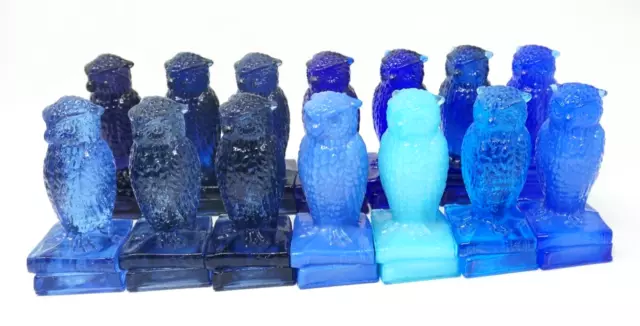 Lot of 12 Degenhart Glass Owl Figurine Blue Slag Milk Bell Fire Cobalt Willow