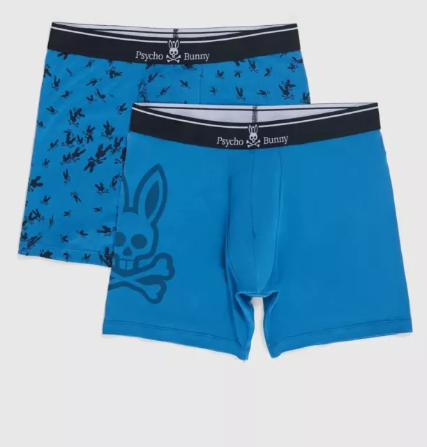 Psycho Bunny Boxer Briefs 2 Pack Mens M Blue Big Bunny Logo & Allover Bunny NIP