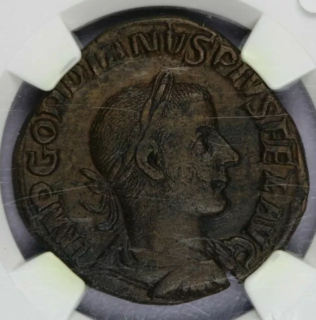 238-244 AD Roman Empire AE Sestertius Gordian III Apollo w/branch NGC XF B-13