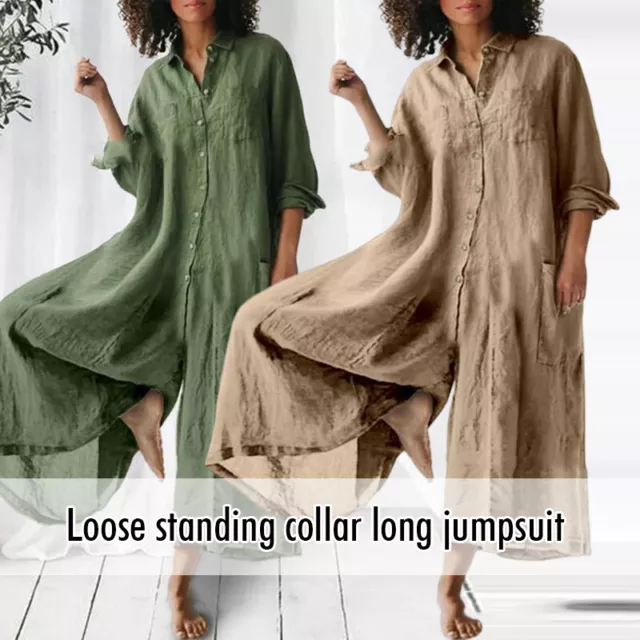 Womens Loose Cotton Linen Jumpsuit Wide Leg Long Dungarees Casual Playsuit Shirt 2