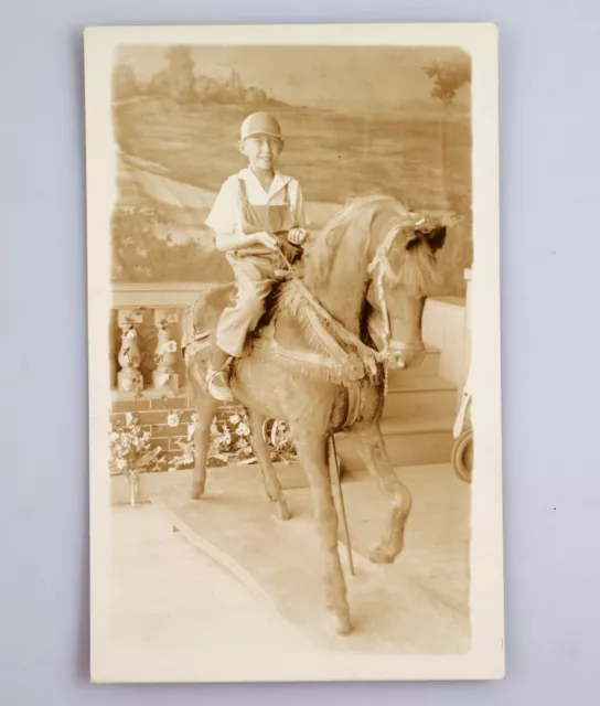 Vintage Real Photo Postcard RPPC Young Boy on a Fake Horse circa 1920