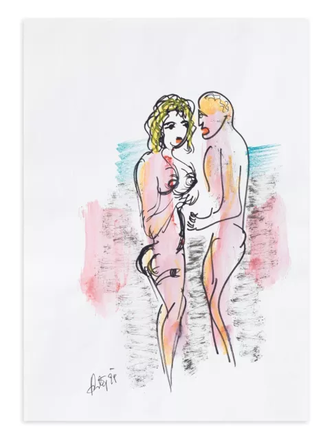 FILIPPO AUTI (1934-2007) Dipinto Disegno Tecnica Mista Scena Erotica del 1999