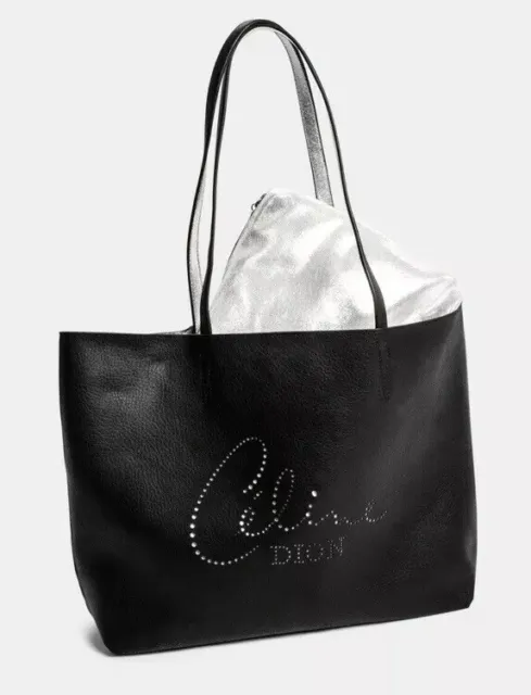 Celine Dion Collection Black Leather Tote HandBag Purse Perforated Logo NEW RARE