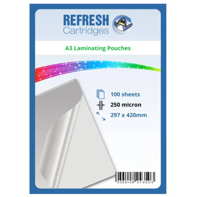 Refresh Cartridges Glossy Laminating Pouches A3 250 Micron Pack of 100 Sheets