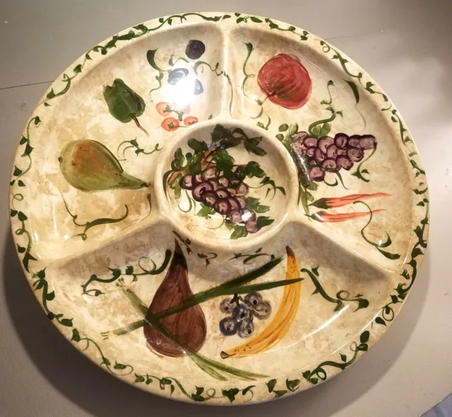 Italy Serving Dish Charcuterie Plate 4-part Divided Round Handpainted Art 15"