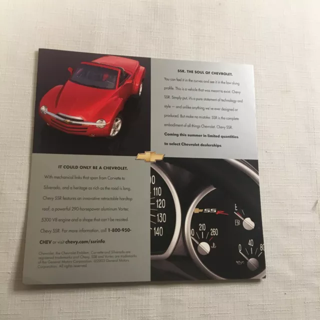 Vintage 2003 Chevrolet SSR Dealer Promo Advertisement Brochure Roadster Truck F 3