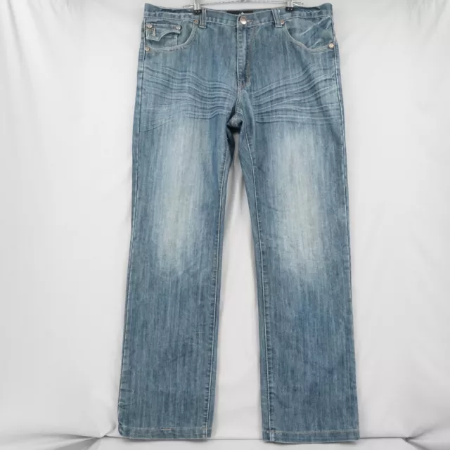 Nostic Mens 40x34 Blue Denim Cotton Embroidered Straight Leg Jeans