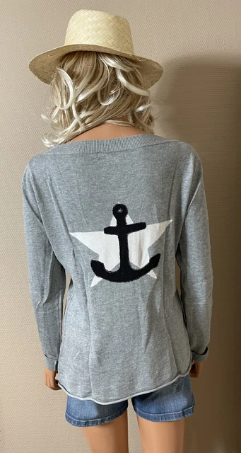 Pull Bérénice Rayures Beige Et Marine - Taille M, Matière Synthétique, Occasion Très Bon état