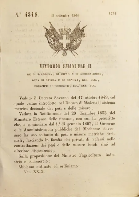 Decreto V. Emanuele II - Pesi e misure sistema metrico decimale Modenesi - 1860