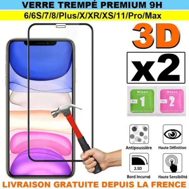 LOT2 pour iPhone 14 11/X/8/+/7/6 VITRE TREMPE VERRE 3D FILM PROTECTION INTEGRAL