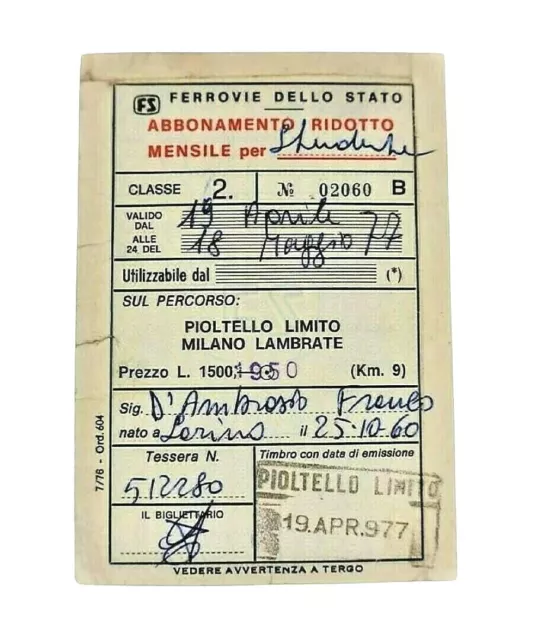 Ferrovie Biglietto treno FS Abbonamento Ridotto Mensile 1977