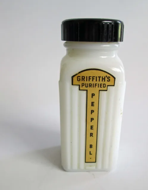 Vintage Griffith's Purified Milk Glass Spice Bottle Jar Black Lid Pepper Black