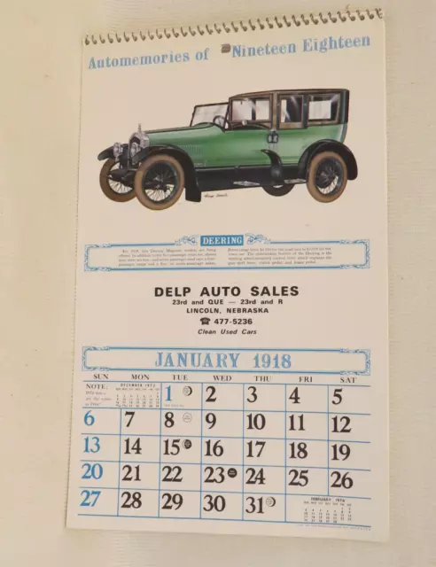 Vintage 1918/1974 Antique Car Wall Calendar DELP AUTO SALES, Lincoln, NE - NOS