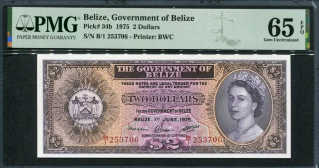 Belize 1975, 2 Dollars, P34b, PMG 65 EPQ GEM UNC