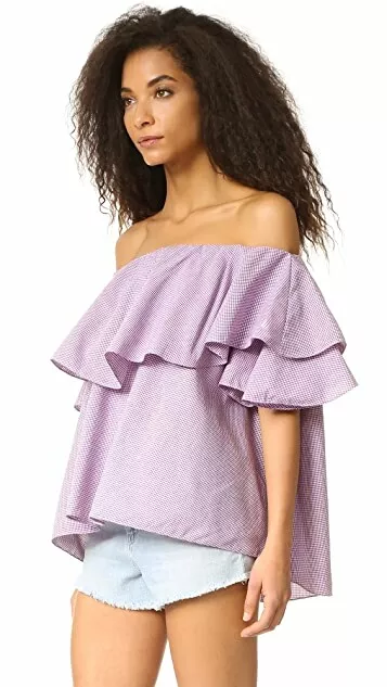 MLM Label Ruffle Top Berry Gingham Print Off The Shoulder Blouse SZ S New $150 2