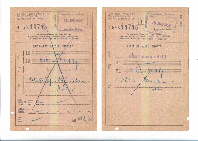 Y26828/ 2 x Fahrkarte Fahrschein Oberhausen - Wien Hin- und Rückfahrt 1957