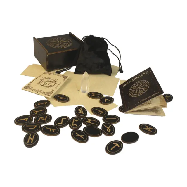 Runensteine-Set aus Holz mit Anleitungsheft für Anfänger, Samtbeutel und Box.