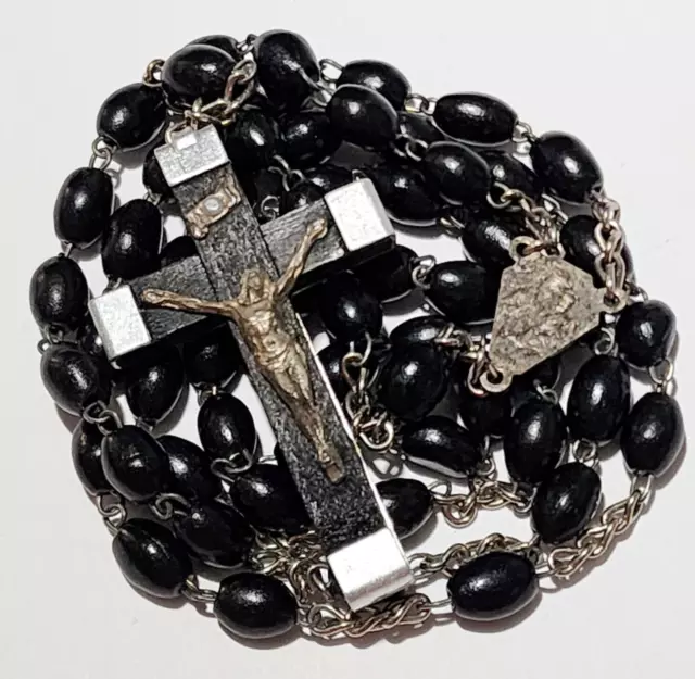 VINTAGE CATHOLIC ROSARY Black Ebony Wood Beads Crucifix Sacred Heart ...