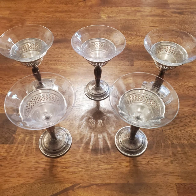 Vintage 5 Sterling Silver Sherbet Dessert Cups w/ Etched Glass 130 Grams of 9.25