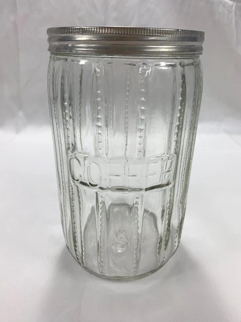 Vintage HOOSIER Clear Glass Coffee Jar 7" Canister Zipper Design w/ Lid