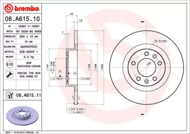 2x BREMBO Bremsscheibe PRIME LINE - UV Coated 08.A615.11 für PEUGEOT 508 SW 1