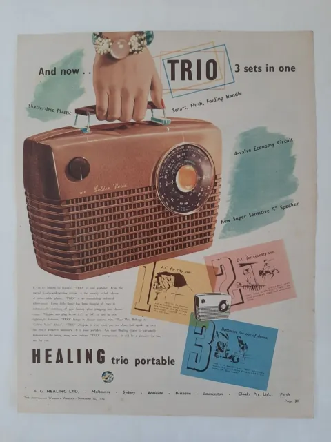 Vintage Australian advertising 1952 ad HEALING GOLDEN VOICE TRIO PORTABLE RADIO