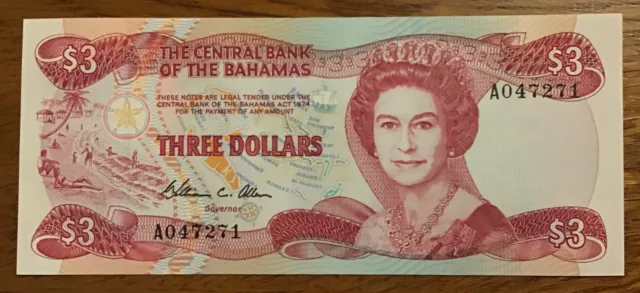 Bahamas Banknote. 3 Dollars. P44a. Dated 1984. Unc. Queens Portrait.