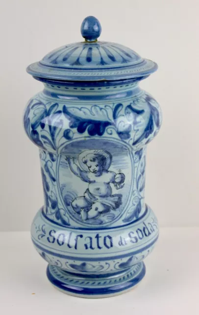 One 19th c. Cantagalli Italian blue white albarello pharmacy jar lidded