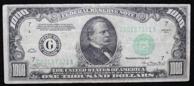 1934 One Thousand Dollar Bill Rare US Currency Federal Reserve Note 1000