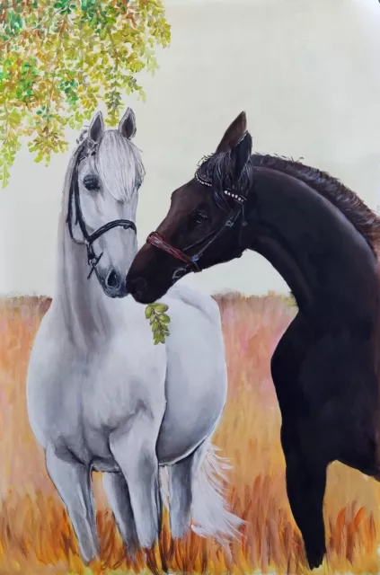 Par de caballos Pintura al óleo original de la mano Pintura animal del arte...