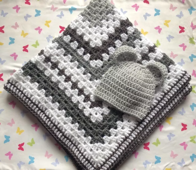 Crochet baby blanket gift set - greys, silver and white - blanket and hat