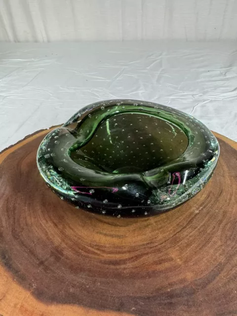 Murano Flavio Poli Seguso Art Glass Ashtray Stunning Green Bullicante