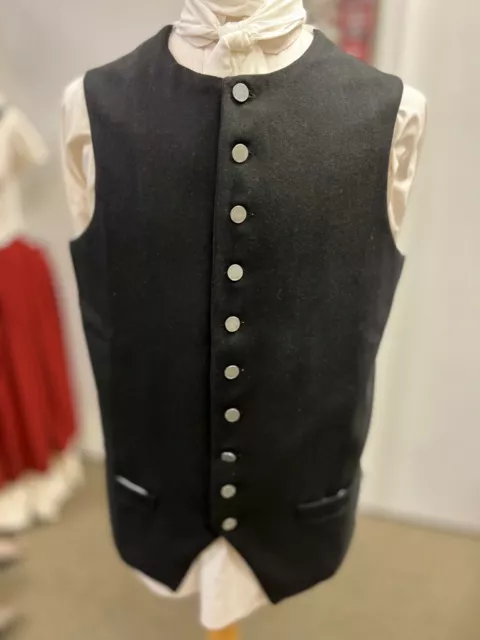 18th Century Waistcoat - Man's 42" chest BLACK Wool - Rev War Colonial, NEW