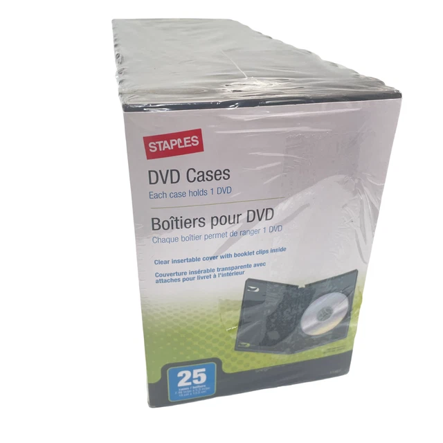 Staples DVD CD Cases 25 Pack 11467 Black Clear Cover Booklet Clips Sealed NIB