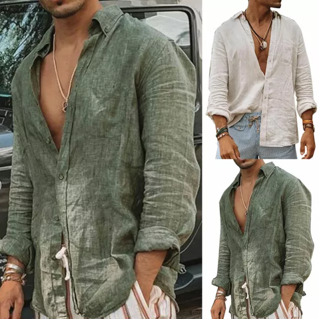 Mens Casual Cotton Linen Shirt Long Sleeve Loose Blouse Button Down Shirts Tops