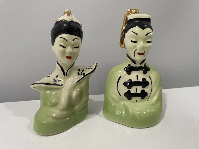 Vintage Pair Oriental/Asian Ceramic Head Busts 7" Figurines in Green & Black