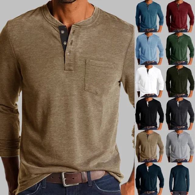 Mens Long Sleeve Henley Grandad T Shirts Loose Casual Solid Button Tops Blouse