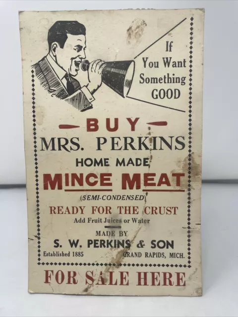 Vtg General Store Counter Top Cardboard Sign Mrs Perkins Mince Meat Display