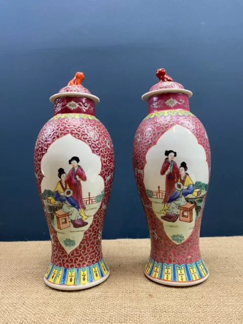 Pair Stunning Famille Rose Japanese Porcelain Temple Jars With Foo Dog Lids