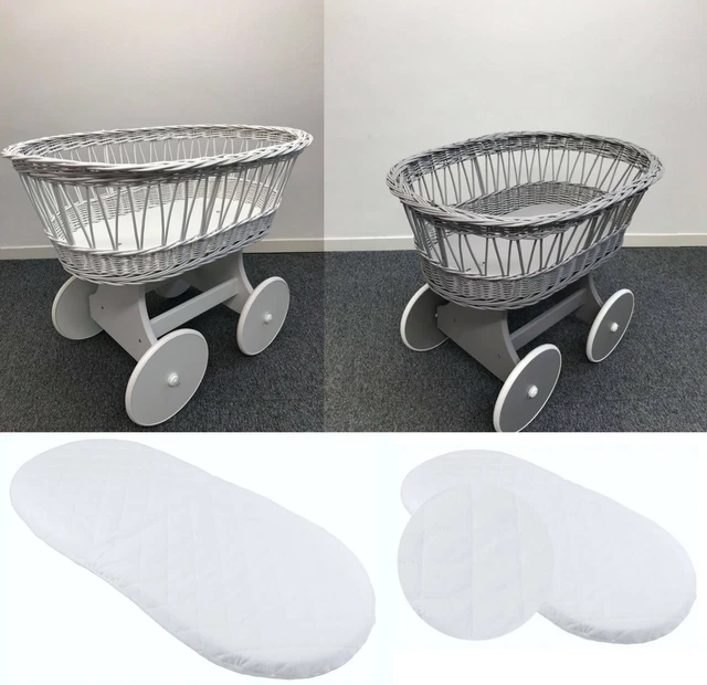 Grey/White Wicker Wheels Crib Baby Moses basket with Mattress