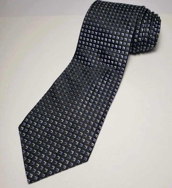 Murano 100% Silk Tie Black Geometric Blue/White Diamonds 60"L 4"W Faint Stain