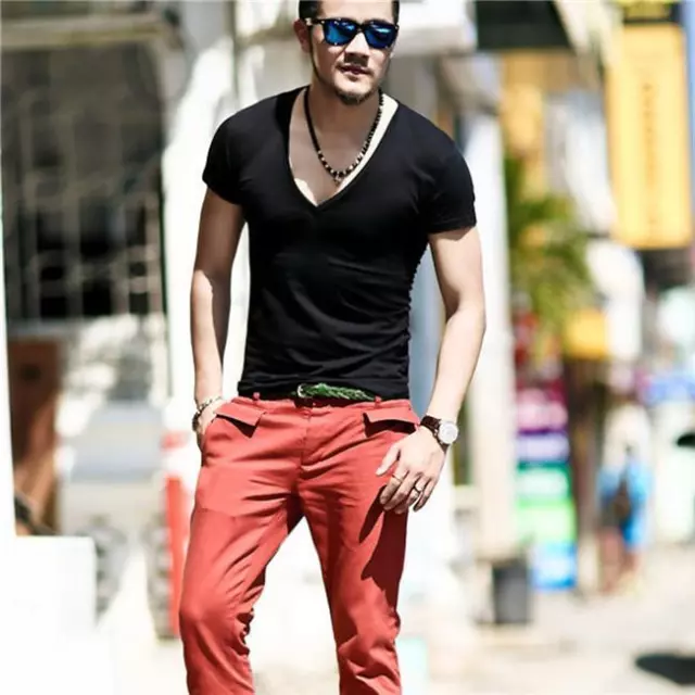 New Men Slim Fit Cotton Blend V-Neck Short Sleeve Casual T-Shirt Tops B 3