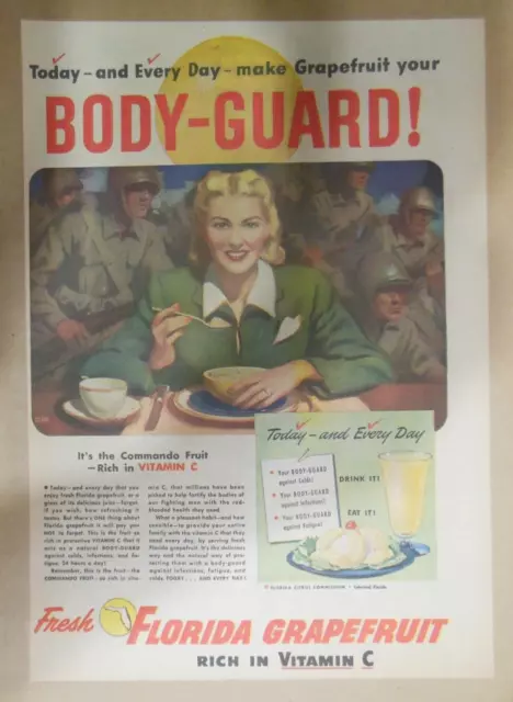 Florida Citrus Fruit Ad: Grapefruit a Body-Guard ! 1940's Size: 11 x 15 inch