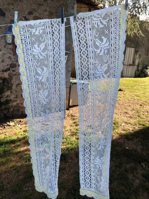 Beautiful Pair Vintage French Hand Cotton Crochet White and Lemon 4ft 9"